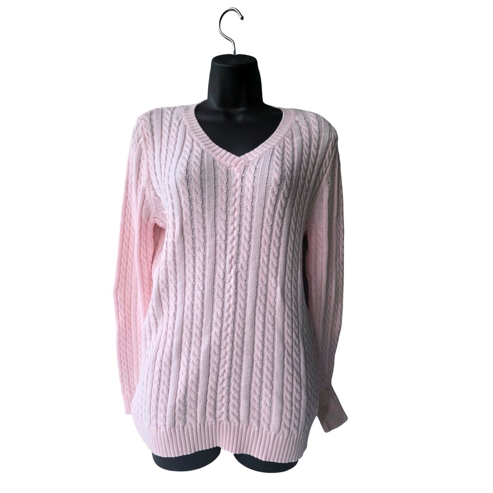 Croft & Barrow‎ Womens Pink Cable Knit V-Neck Sweater Size Medium Long Sleeve